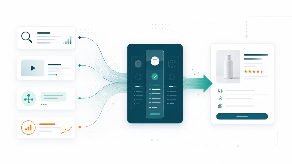 Illustration: Traffic aus SEO, Videos, KI-Suche und Ads fließt über den Produktvergleich aufs Amazon-Listing